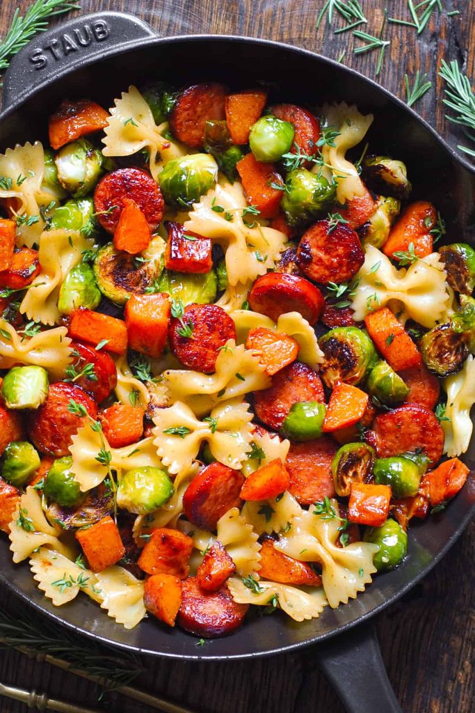 Autumn Sausage Pasta with Brussels Sprouts recipe