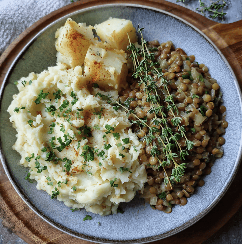 High Protein Lentil Stew Over Mashed Potatoes recipe