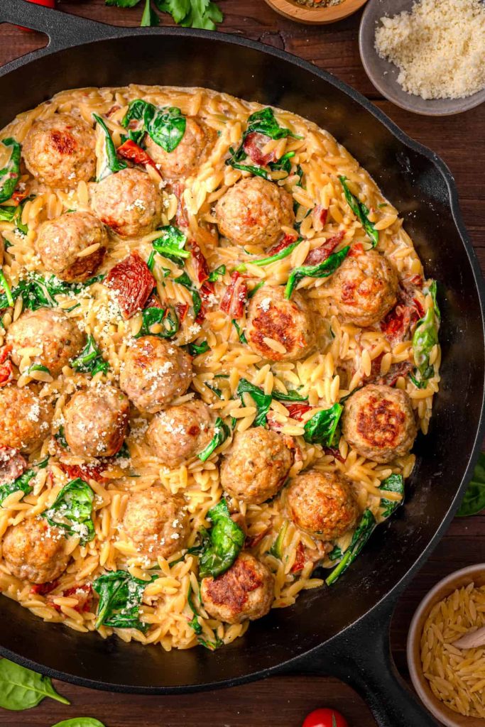 Tuscan Chicken Meatballs and Orzo recipe