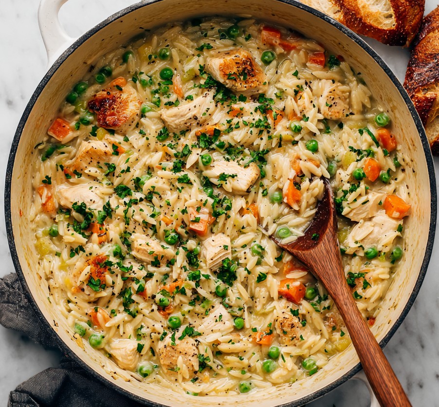 Creamy Chicken Pot Pie Orzo recipe