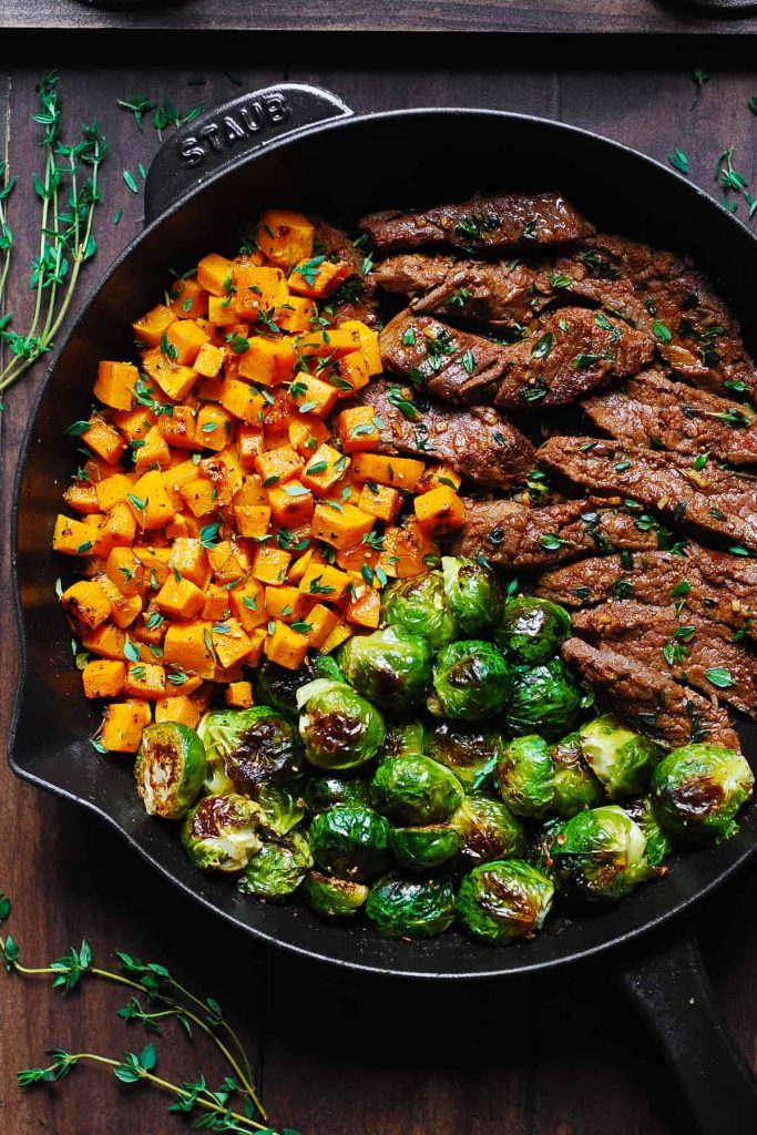 Garlic Butter Steak with Brussels Sprouts and Butternut Squash recipe