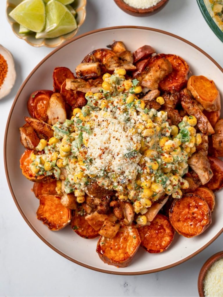 Sheet Pan Buffalo Chicken and Sweet Potato Bowls