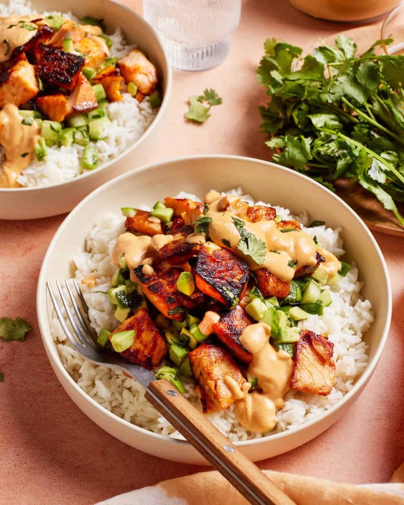 Spicy Salmon Bowls with Coconut Rice recipe
