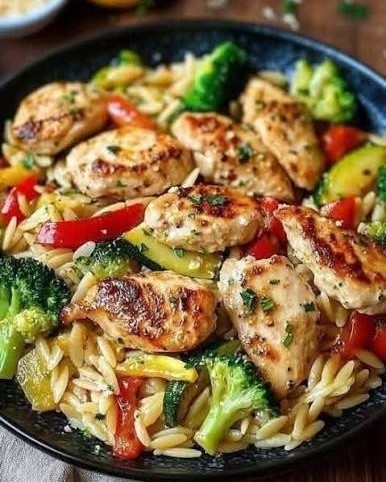 Lemon Chicken Veggie Orzo Stir Fry