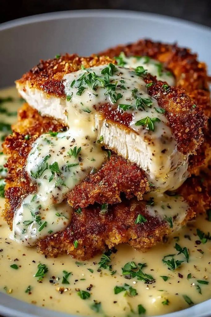 Parmesan Crusted Chicken with Creamy Garlic Sauce recipe