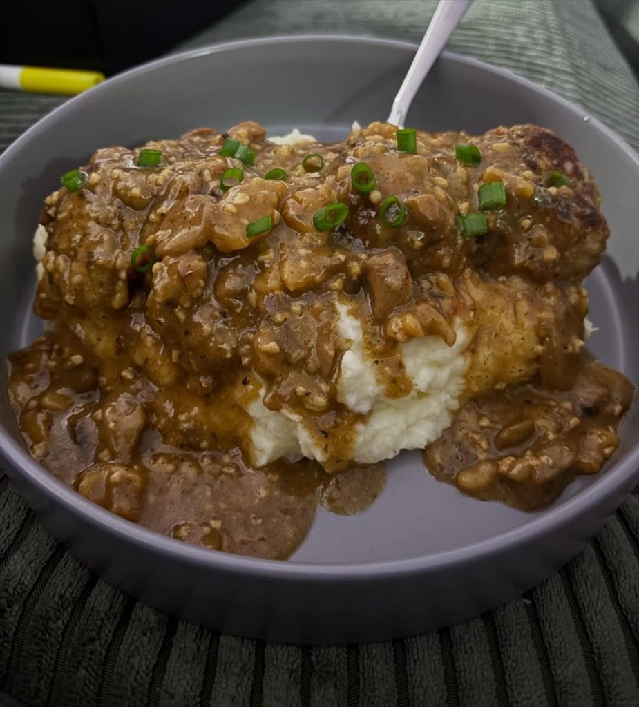 Salisbury Steak Meatballs with Garlic Herb Mashed Potatoes