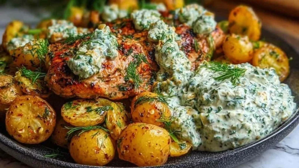 Spicy Yogurt Marinated Chicken with Dill Feta Cream recipe