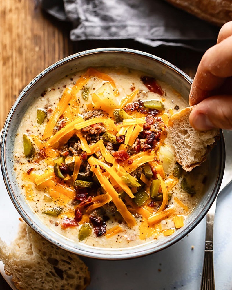 One Pot Philly Cheesesteak Soup with Bacon recipe